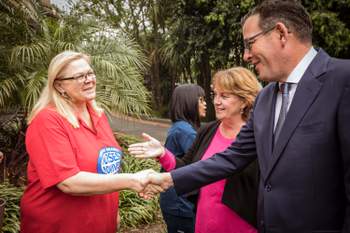 Premier Daniel Andrews with ANMF (Vic Branch) Secretary Lisa Fitzpatrick meeting nurses and midwives at the announcement the ratio amendment bill would be introduced on the first day of the 59th Victorian Parliament. Photo Chris Hopkins
