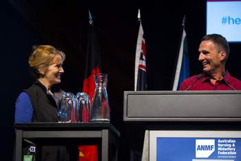 Ros Morgan and  Mark Rumble OAM at the ANMF Health and Environmental Sustainability Conference, 2018. Photograph by Chris Hopkins