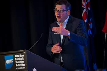 Premier Daniel Andrews giving a state address from the Carson Conference Centre. Photo: Chris Hopkins