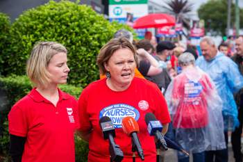 Maddy Harradence and Lori-Anne Sharp at the rally outside the office of Federal Member for Chisholm Gladys Liu. Photo: Paul Jeffers