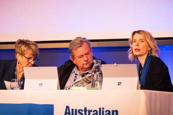 ANMF (Vic Branch) President Maree Burgess, and Assistant Secretaries Paul Gilbert and Madeleine Harradence at the Carson Conference Centre. Photo: Chris Hopkins