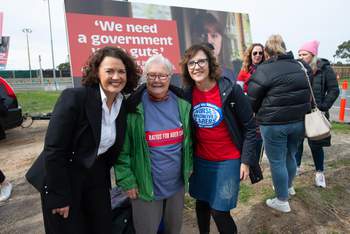Corangamite Labor MP Libby Coker with Federal ANMF Secretary Annie Butler and an aged care campaign.  Geelong community rally to fix aged care, 6 May 2022. Photo Ian Wilson
