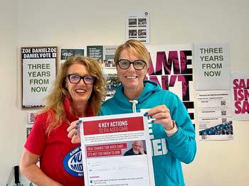 Zoe Daniel with nurse Belinda Clarke after signing the ANMF aged care pledge.
