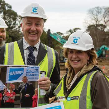 Building more public aged care not selling it off: Ageing Minister Martin Foley and ANMF (Vic Branch) Secretary Lisa Fitzpatrick at the construction site of $55.6 million, public sector 90-bed residential aged care facility in Kew.