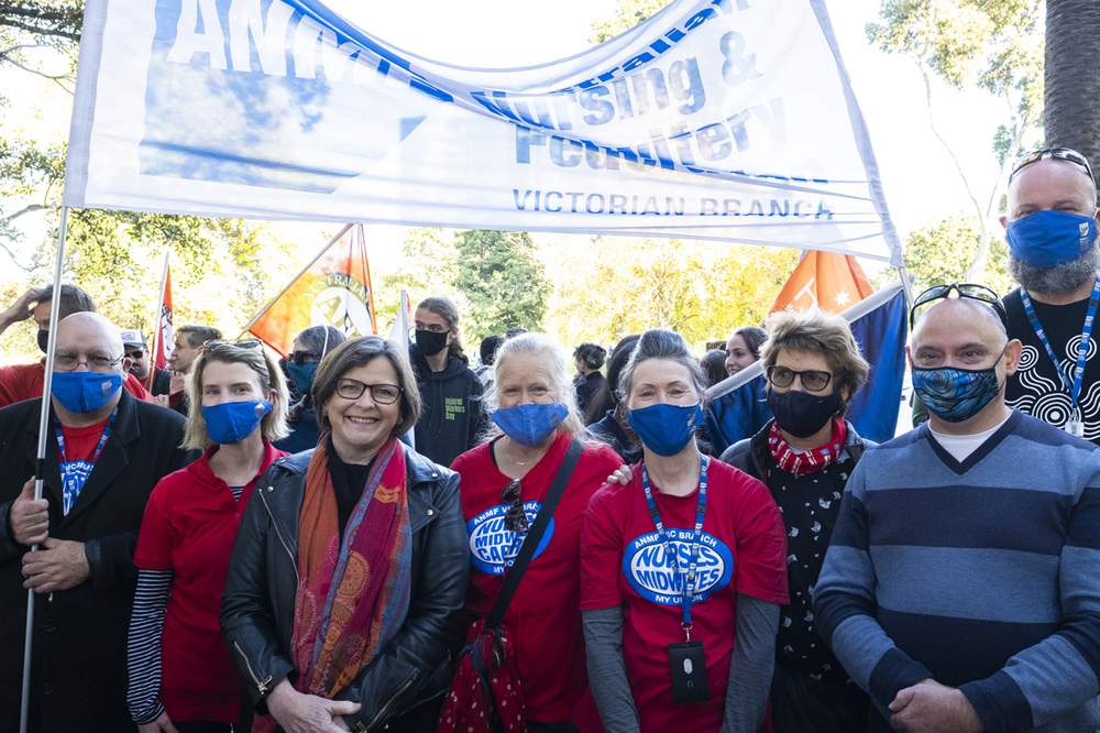 ANMF (Vic Branch) staff, former Assistant Secretary Pip Carew and Shadow Assistant Minister for Health and Ageing Ged Kearney at the 2021 School Strike 4 Climate rally