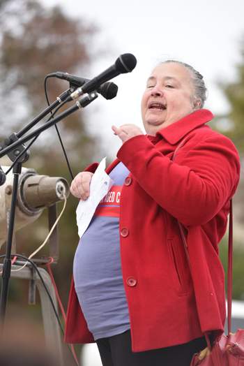 Geelong Trades Hall Vice President and registered nurse Zeta Henderson speaking at the Geelong community rally to fix aged care, 6 May 2022. Photo Ian Wilson