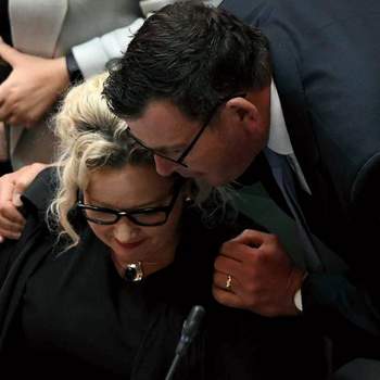 Premier Daniel Andrews congratulates Health Minister on the passing of the Victorian Assisted Dying Bill. Photo by Justin McManus/ Fairfax Syndication.