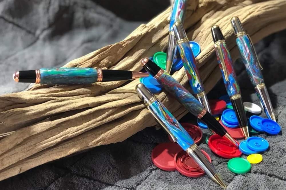 Pens made from recycled medication-vial plastic flip caps. Photo: Recycled Pen Art