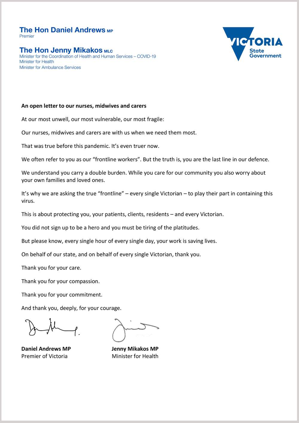 An open letter to our nurses, midwives and carers