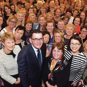 Maternal and child health nurses celebrate 100 years with ANMF (Vic Branch) President Marie Burgess, Premier Daniel Andrews, ANMF (Vic Branch) Secretary and Families and Children Minister Jenny Mikakos.