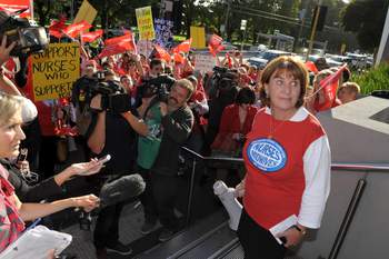 ANMF (Vic Branch) Secretary Lisa Fitzpatrick on The Alfred hospital steps on 7 March 2012
