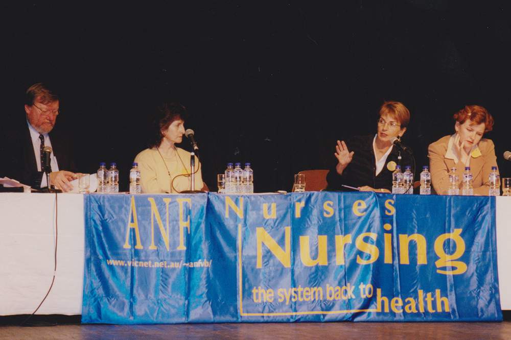 Senior industrial officer Bob Burrows, Assistant Secretary Hannah Sellers, Secretary Belinda Morieson, President Ged Kearney at Festival Hall 17 August 2000.