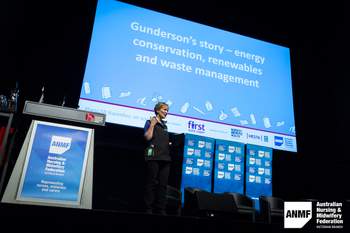 The Gunderson Story video screening introduced by Ros Morgan at the ANMF Health and Environmental Sustainability Conference, 2018. Photograph by Chris Hopkins