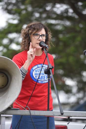 Federal ANMF Secretary Annie Butler speaking at the Geelong community rally to fix aged care, 6 May 2022. Photo Ian Wilson