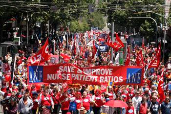 More than 10,000 nurses and midwives and members of the community rallying in Melbourne's CBS to save ratios in November 2011.