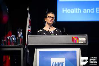 Carol Behne from GGHH at the ANMF Health and Environmental Sustainability Conference, 2018. Photograph by Chris Hopkins