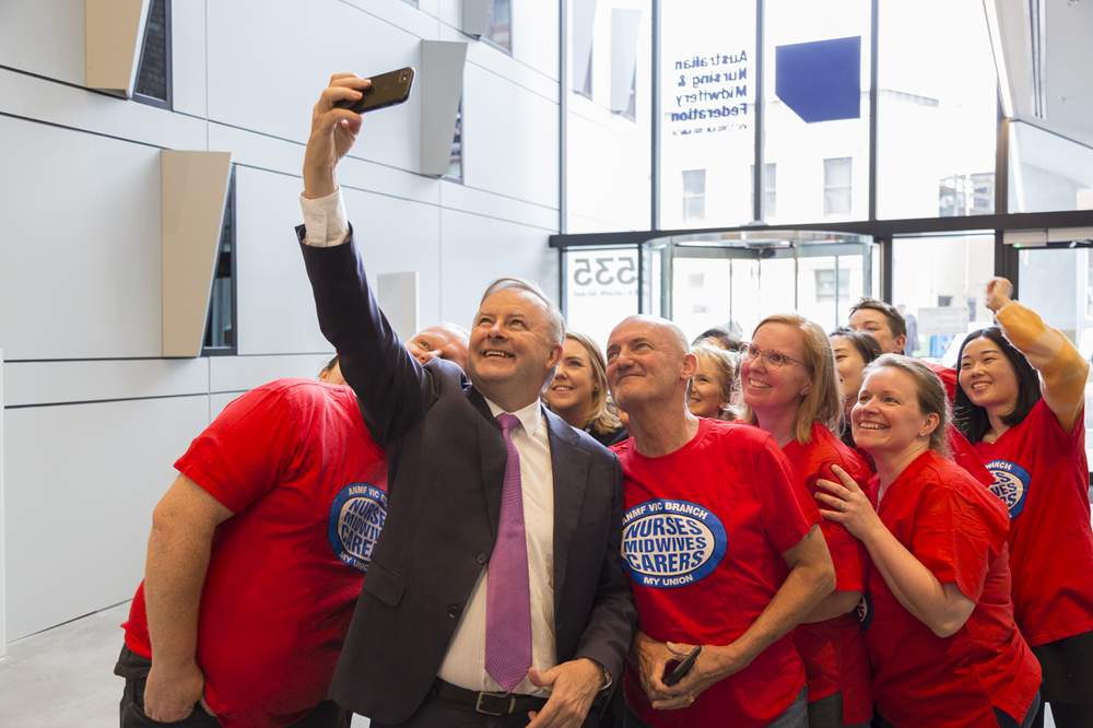 Opposition Leader Anthony Albanese marks the occasion with nurses, midwives and carers
