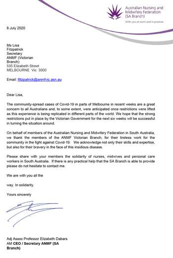Letter of support from ANMF SA